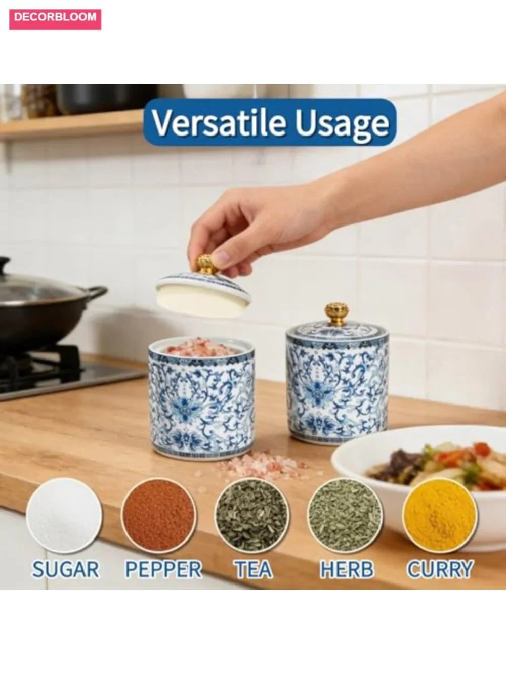 Set of 2 Porcelain Salt Cellars with Airtight Lids, Ceramic Spice Jars for - Picture 5 of 6